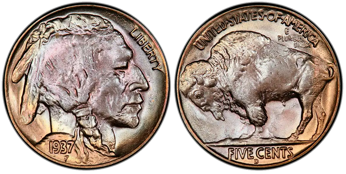 obverse and reverse of the 1937-D 3-Legged Buffalo Nickel